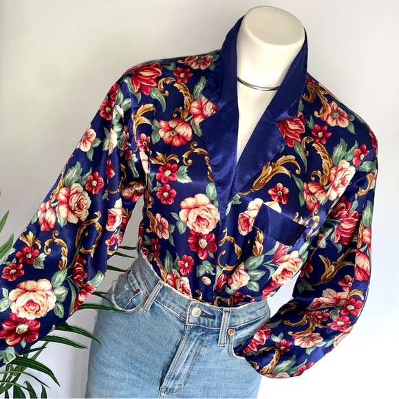 Vintage Tops - v i n t a g e :: Silky Floral Satin Flowy Pajama Blouse